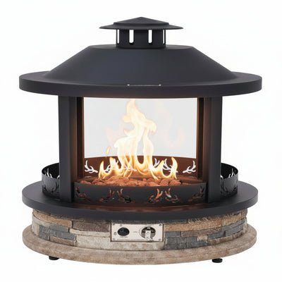 28-Inch Outdoor Propane Fire Pit, 65,000 BTU Lantern Top Patio Gas Fire Pit, Gazabo Gas Fireplace with Faux Stone Base, Lava Rocks, Cover & Pre-Attached 10Ft Propane Hose