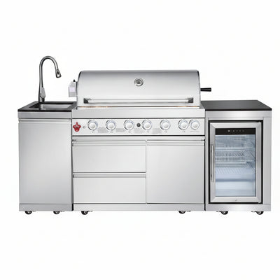 Outdoor Kitchen Island with Built in Grill, 6 Burner 83500 BTU Stainless Steel Gas Barbecue Island, Patio Cooking Station with Sink & Wine Cooler, Built in Grill Island for Backyard (Silver)