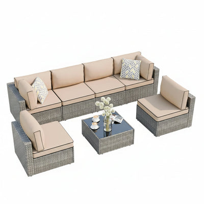 7 Piece Outdoor Patio Furniture Set,Silver PE Rattan Wicker Sectional Sofa, All Weather Conversation Set with Washable Cushions & Glass Coffee Table for Backyard Poolside Garden Porch,Khaki
