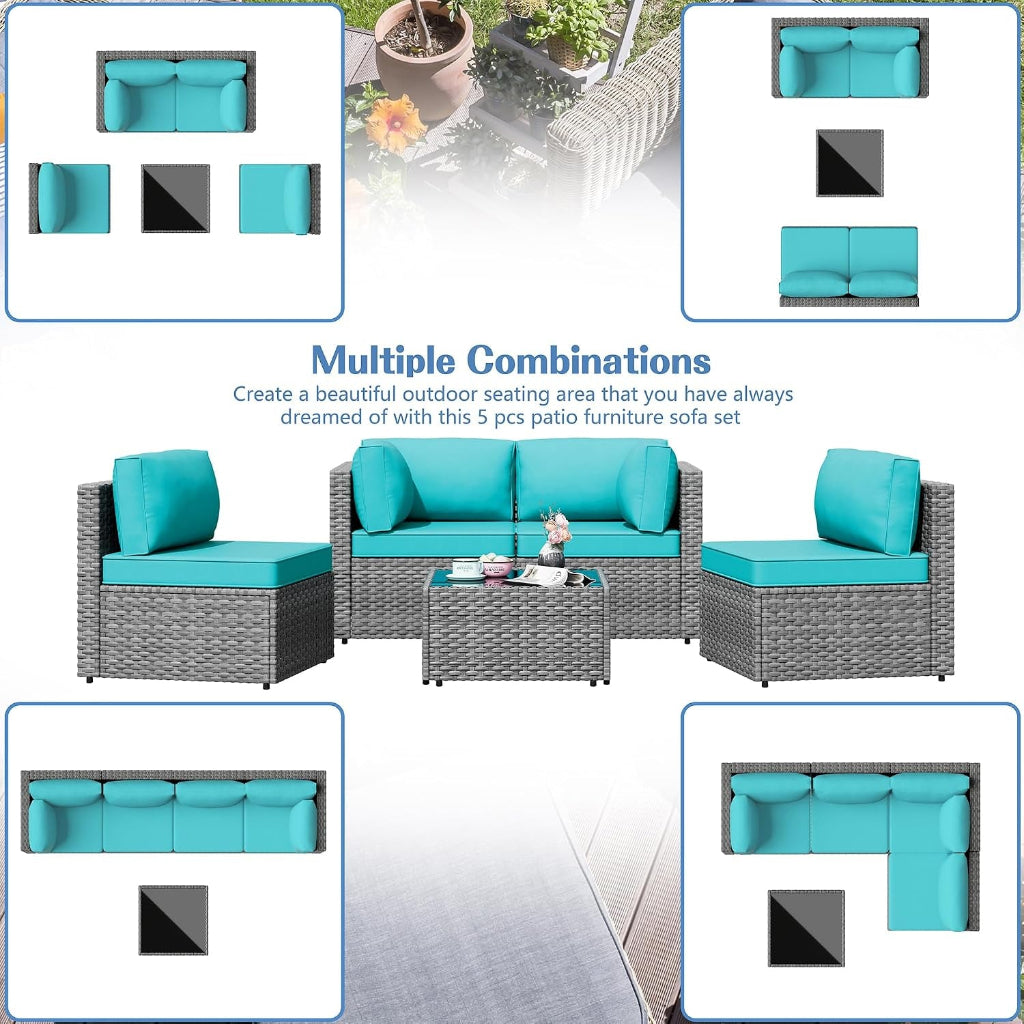 5 Piece Outdoor Patio Furniture Set, Silver Rattan Wicker Sectional Sofa, All Weather Conversation Set with Washable Cushions & Glass Coffee Table for Backyard Poolside Garden Porch,Blue