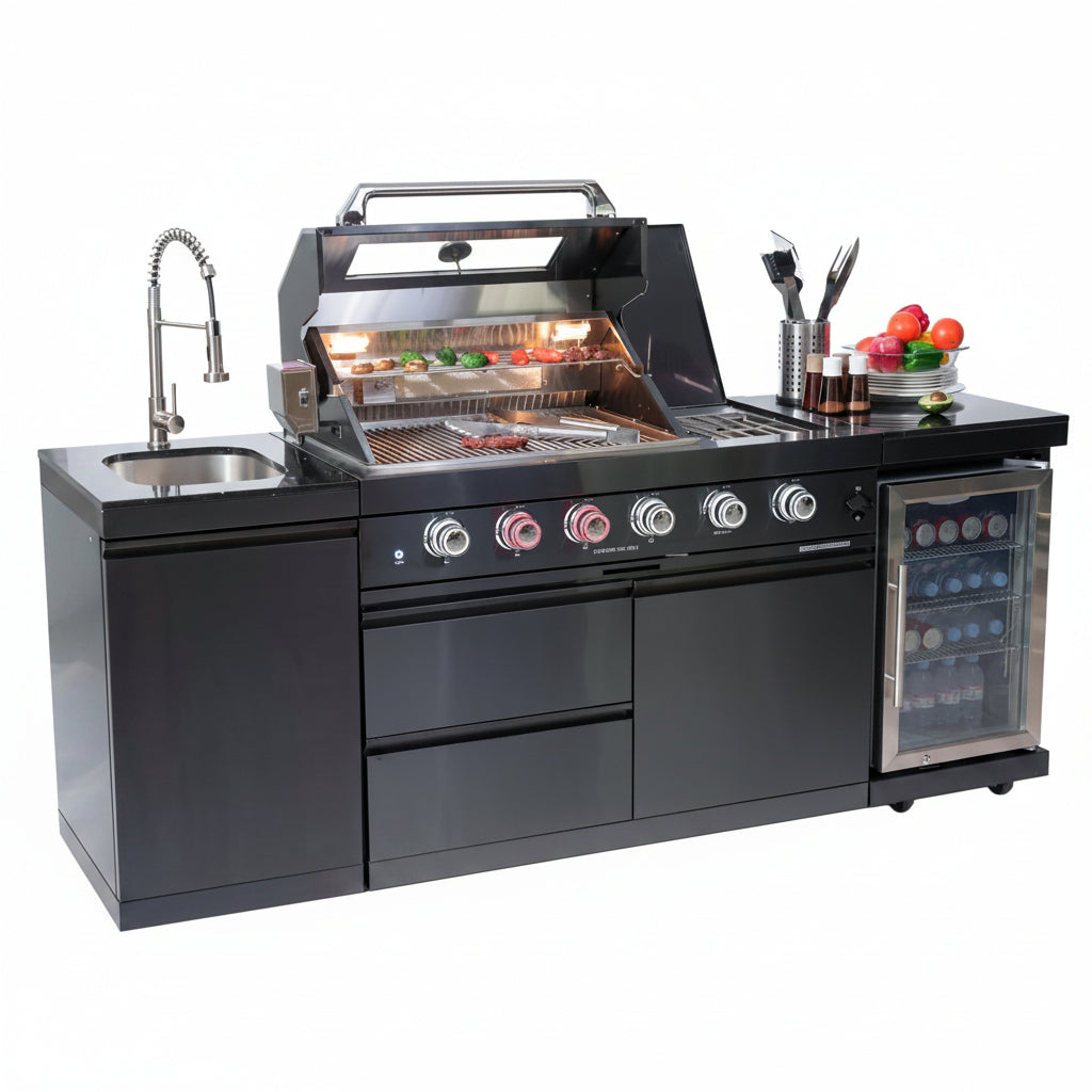 Outdoor Kitchen Island Gas Grill System 4 Burner BBQ Island with Rotisserie Kit, Integrated Sink, Wine Cooler & Granite Countertop