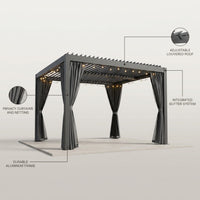 10' X 12' Louvered Pergola, Aluminum Outdoor Pergola with Curtains & Netting, Adjustable Louvered Roof & Integrated Gutter System, Hardtop Patio Gazebo for Backyard, Patio, Garden, Dark Gray — infographic