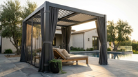 10' X 12' Louvered Pergola, Aluminum Outdoor Pergola with Curtains & Netting, Adjustable Louvered Roof & Integrated Gutter System, Hardtop Patio Gazebo for Backyard, Patio, Garden, Dark Gray — Lifestyle