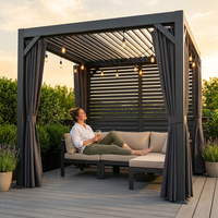 10' X 12' Louvered Pergola, Aluminum Outdoor Pergola with Curtains & Netting, Adjustable Louvered Roof & Integrated Gutter System, Hardtop Patio Gazebo for Backyard, Patio, Garden, Dark Gray — Lifestyle