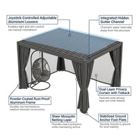 10' X 12' Louvered Pergola, Aluminum Outdoor Pergola with Curtains & Netting, Adjustable Louvered Roof & Integrated Gutter System, Hardtop Patio Gazebo for Backyard, Patio, Garden, Dark Gray — How It Works