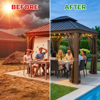10 Ft. X 10 Ft. Double Galvanized Steel Roof Aluminum Frame Outdoor Patio Hardtop Gazebo with Netting and Curtains — Before & After