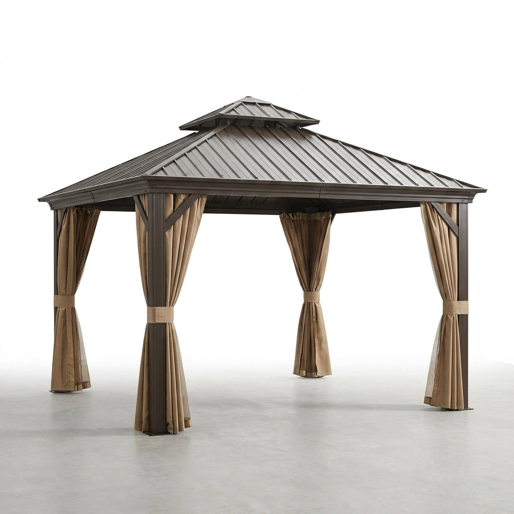 10 Ft. X 10 Ft. Double Galvanized Steel Roof Aluminum Frame Outdoor Patio Hardtop Gazebo with Netting and Curtains — Studio Shot