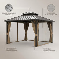 10 Ft. X 10 Ft. Double Galvanized Steel Roof Aluminum Frame Outdoor Patio Hardtop Gazebo with Netting and Curtains — infographic