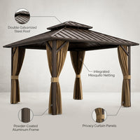 12 Ft. X 12 Ft. Double Galvanized Steel Roof Aluminum Frame Outdoor Patio Hardtop Gazebo with Netting and Curtains — infographic