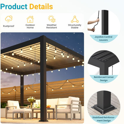 Louvered Pergola, 10' X 12' Outdoor Pergola, Aluminum Patio Gazebo with Adjustable Louvers Roof and Integrated Gutter System, Outdoor Hardtop Gazebo for Patio, Backyard, Deck, Garden, Dark Gray