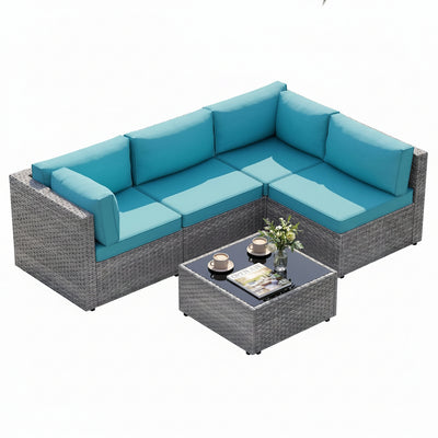 5 Piece Outdoor Patio Furniture Set, Silver Rattan Wicker Sectional Sofa, All Weather Conversation Set with Washable Cushions & Glass Coffee Table for Backyard Poolside Garden Porch,Blue
