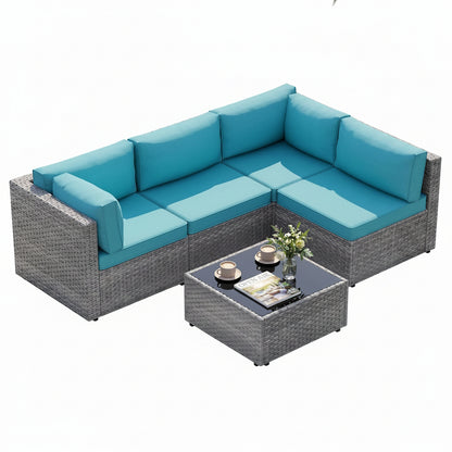 5 Piece Outdoor Patio Furniture Set, Silver Rattan Wicker Sectional Sofa, All Weather Conversation Set with Washable Cushions & Glass Coffee Table for Backyard Poolside Garden Porch,Blue