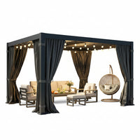 10' X 12' Louvered Pergola, Aluminum Outdoor Pergola with Curtains & Netting, Adjustable Louvered Roof & Integrated Gutter System, Hardtop Patio Gazebo for Backyard, Patio, Garden, Dark Gray