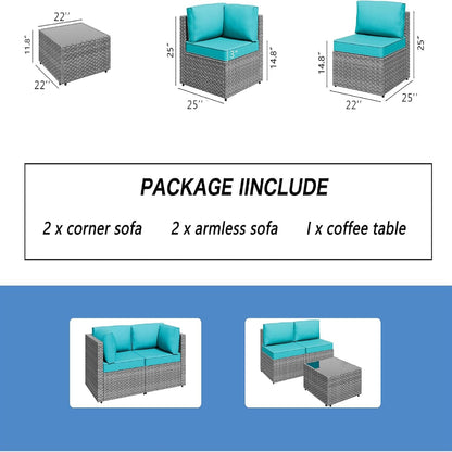 5 Piece Outdoor Patio Furniture Set, Silver Rattan Wicker Sectional Sofa, All Weather Conversation Set with Washable Cushions & Glass Coffee Table for Backyard Poolside Garden Porch,Blue