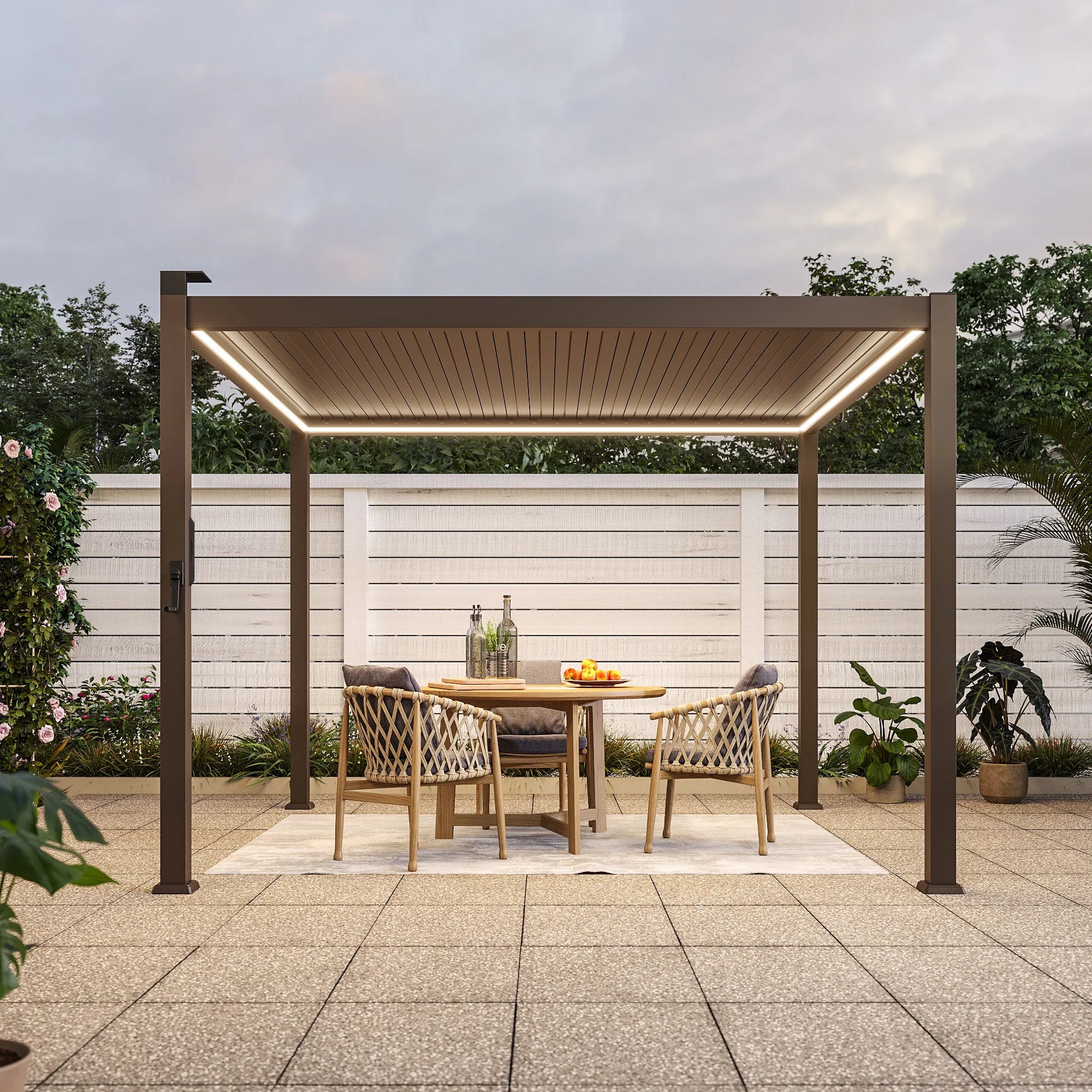 Outdoor Metal Solar LED Louvered Pergola with Adjustable Roof