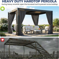 10' X 12' Louvered Pergola, Aluminum Outdoor Pergola with Curtains & Netting, Adjustable Louvered Roof & Integrated Gutter System, Hardtop Patio Gazebo for Backyard, Patio, Garden, Dark Gray