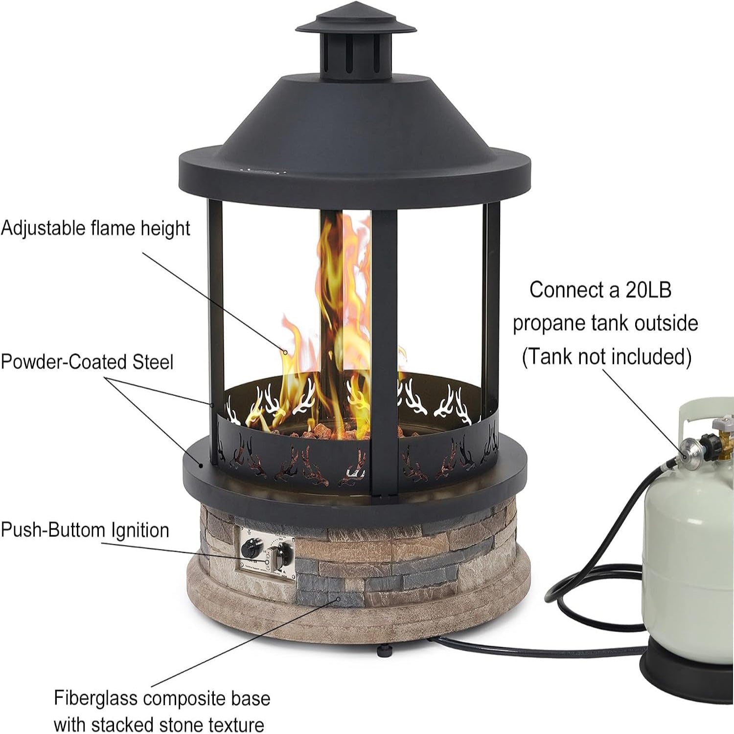 28-Inch Outdoor Propane Fire Pit, 65,000 BTU Lantern Top Patio Gas Fire Pit, Gazabo Gas Fireplace with Faux Stone Base, Lava Rocks, Cover & Pre-Attached 10Ft Propane Hose