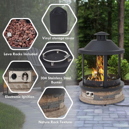28-Inch Outdoor Propane Fire Pit, 65,000 BTU Lantern Top Patio Gas Fire Pit, Gazabo Gas Fireplace with Faux Stone Base, Lava Rocks, Cover & Pre-Attached 10Ft Propane Hose