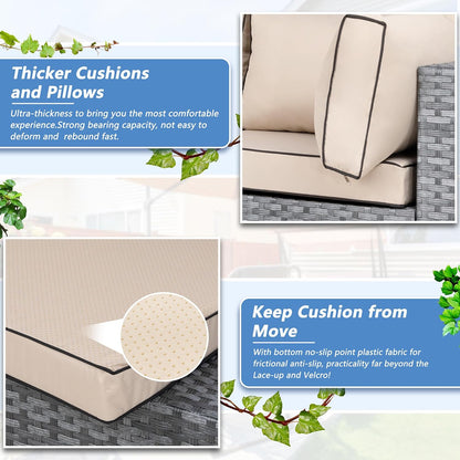 7 Piece Outdoor Patio Furniture Set,Silver PE Rattan Wicker Sectional Sofa, All Weather Conversation Set with Washable Cushions & Glass Coffee Table for Backyard Poolside Garden Porch,Khaki