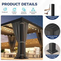 10' X 12' Louvered Pergola, Aluminum Outdoor Pergola with Curtains & Netting, Adjustable Louvered Roof & Integrated Gutter System, Hardtop Patio Gazebo for Backyard, Patio, Garden, Dark Gray