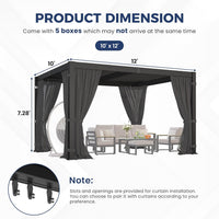 10' X 12' Louvered Pergola, Aluminum Outdoor Pergola with Curtains & Netting, Adjustable Louvered Roof & Integrated Gutter System, Hardtop Patio Gazebo for Backyard, Patio, Garden, Dark Gray