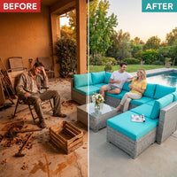 7 Piece Outdoor Patio Furniture Set, Silver Rattan Wicker Sectional Sofa, All Weather Conversation Set with Washable Cushions & Glass Coffee Table for Backyard Poolside Garden Porch,Blue — Before & After