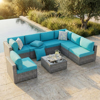 7 Piece Outdoor Patio Furniture Set, Silver Rattan Wicker Sectional Sofa, All Weather Conversation Set with Washable Cushions & Glass Coffee Table for Backyard Poolside Garden Porch,Blue — Studio Shot