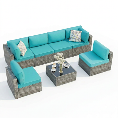 Outdoor Patio Furniture Set Designed for All-Weather Use, 7 Piece Sectional, PE Rattan Wicker, Glass Table