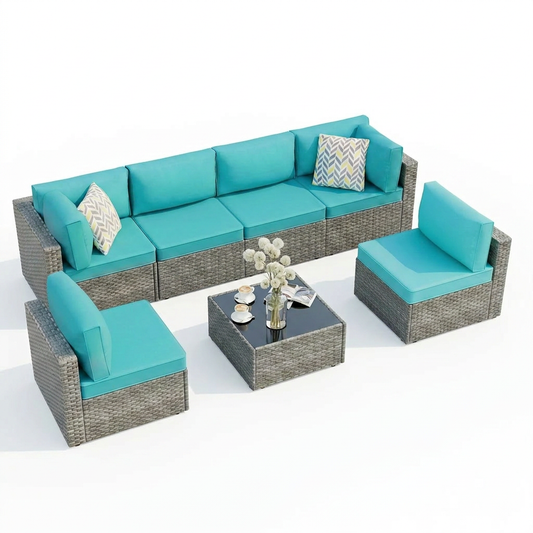 7 Piece Outdoor Patio Furniture Set, Silver Rattan Wicker Sectional Sofa, All Weather Conversation Set with Washable Cushions & Glass Coffee Table for Backyard Poolside Garden Porch,Blue — Studio Shot