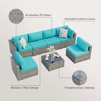 7 Piece Outdoor Patio Furniture Set, Silver Rattan Wicker Sectional Sofa, All Weather Conversation Set with Washable Cushions & Glass Coffee Table for Backyard Poolside Garden Porch,Blue — infographic