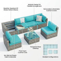 7 Piece Outdoor Patio Furniture Set, Silver Rattan Wicker Sectional Sofa, All Weather Conversation Set with Washable Cushions & Glass Coffee Table for Backyard Poolside Garden Porch,Blue — How It Works