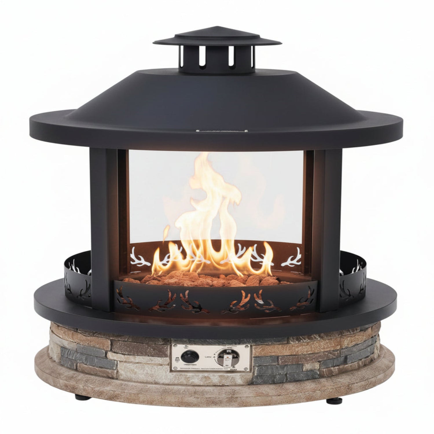 28-Inch Outdoor Propane Fire Pit, 65,000 BTU Lantern Top Patio Gas Fire Pit, Gazabo Gas Fireplace with Faux Stone Base, Lava Rocks, Cover & Pre-Attached 10Ft Propane Hose