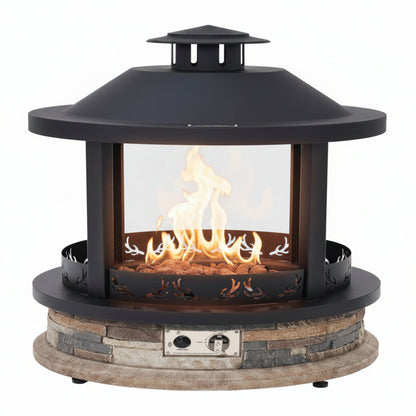 28-Inch Outdoor Propane Fire Pit, 65,000 BTU Lantern Top Patio Gas Fire Pit, Gazabo Gas Fireplace with Faux Stone Base, Lava Rocks, Cover & Pre-Attached 10Ft Propane Hose