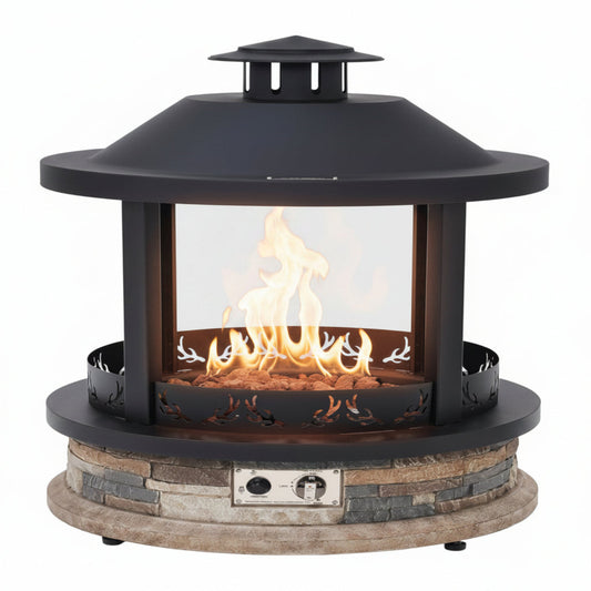 28-Inch Outdoor Propane Fire Pit, 65,000 BTU Lantern Top Patio Gas Fire Pit, Gazabo Gas Fireplace with Faux Stone Base, Lava Rocks, Cover & Pre-Attached 10Ft Propane Hose