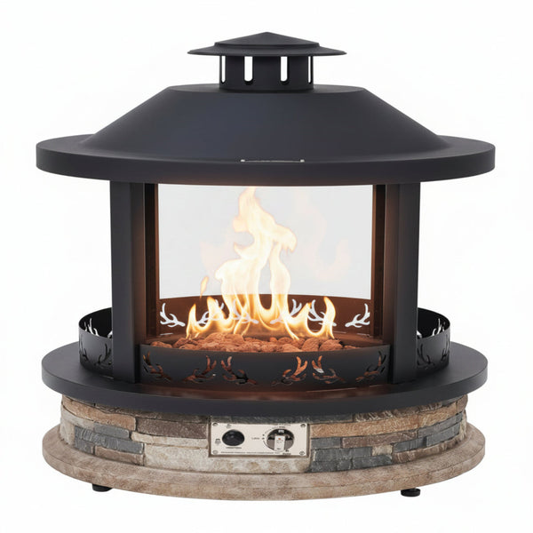 28-Inch Outdoor Propane Fire Pit, 65,000 BTU Lantern Top Patio Gas Fire Pit, Gazabo Gas Fireplace with Faux Stone Base, Lava Rocks, Cover & Pre-Attached 10Ft Propane Hose