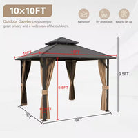 10 Ft. X 10 Ft. Double Galvanized Steel Roof Aluminum Frame Outdoor Patio Hardtop Gazebo with Netting and Curtains