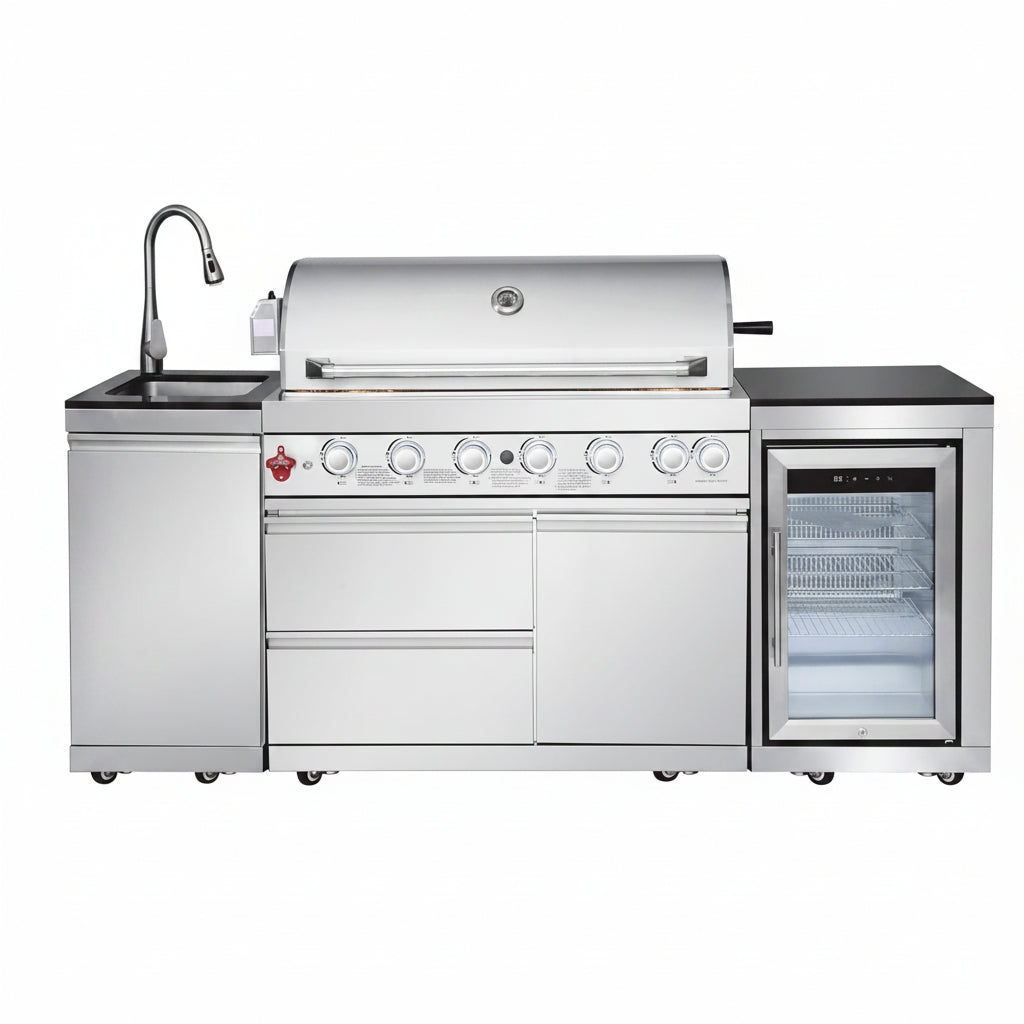 Outdoor Kitchen Island with Built in Grill, 6 Burner 83500 BTU Stainless Steel Gas Barbecue Island, Patio Cooking Station with Sink & Wine Cooler, Built in Grill Island for Backyard (Silver)