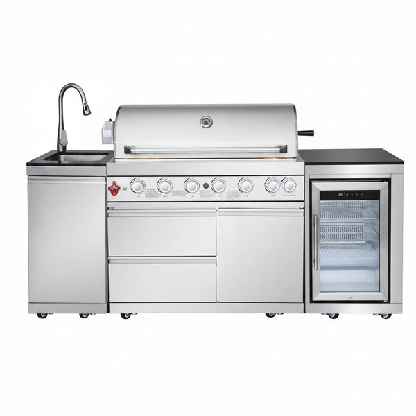 Outdoor Kitchen Island with Built in Grill, 6 Burner 83500 BTU Stainless Steel Gas Barbecue Island, Patio Cooking Station with Sink & Wine Cooler, Built in Grill Island for Backyard (Silver)