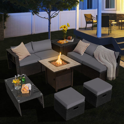 9 Pieces Outdoor PE Rattan Wicker Sectional Sofa with 42 Inch Gas Fire Pit Table