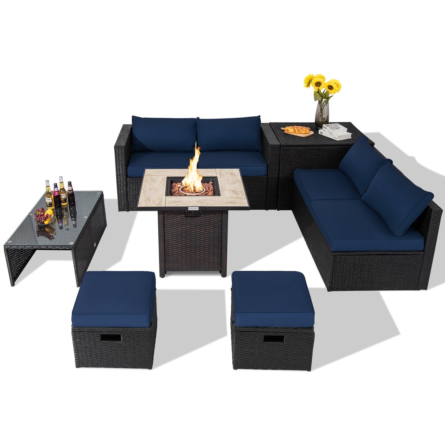 9 Pieces Outdoor PE Rattan Wicker Sectional Sofa with 42 Inch Gas Fire Pit Table