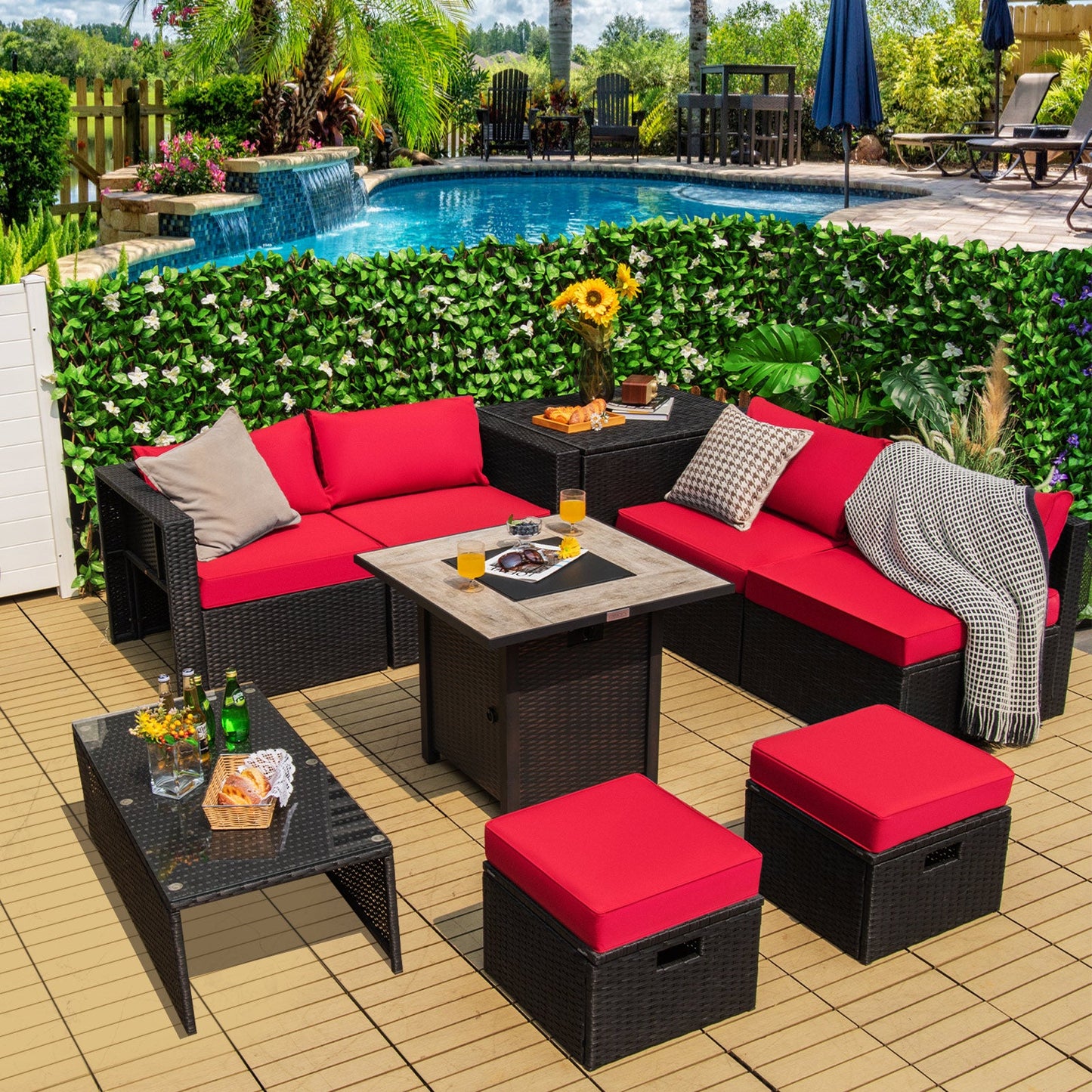 9 Pieces Outdoor PE Rattan Wicker Sectional Sofa with 42 Inch Gas Fire Pit Table