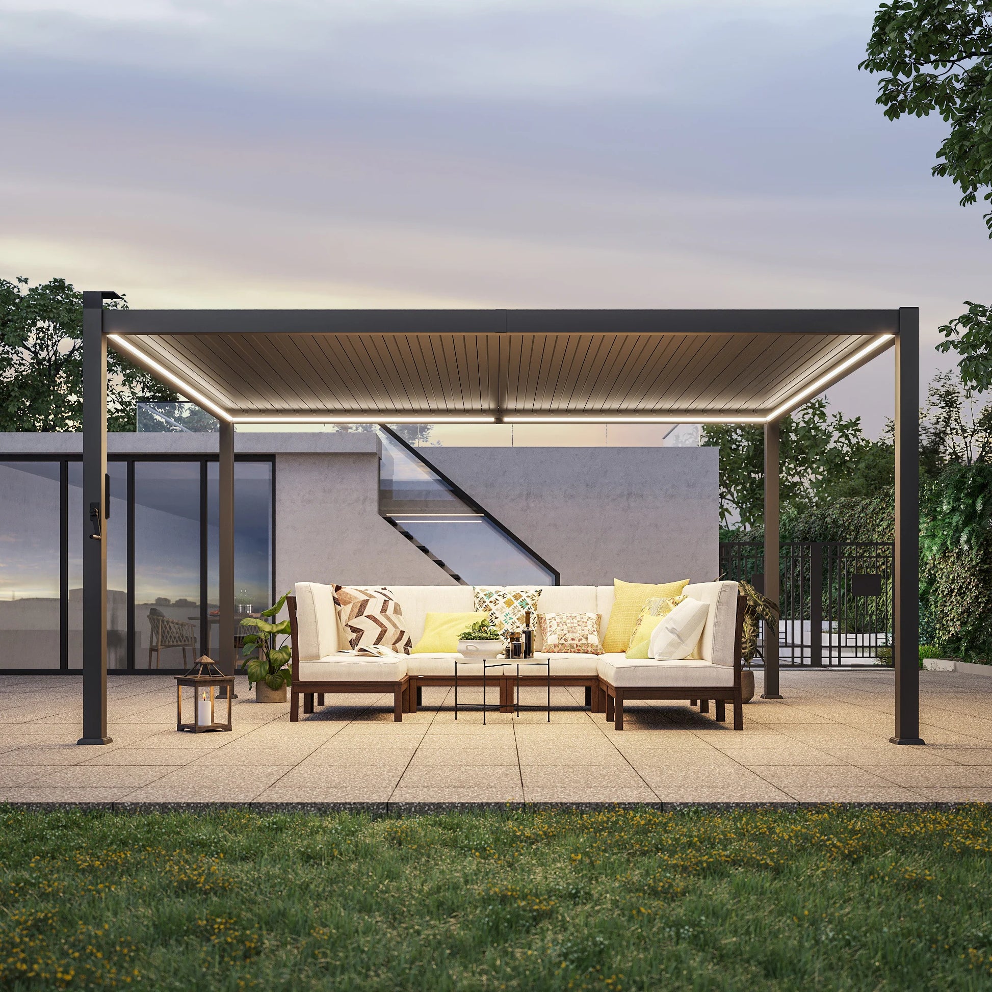 Outdoor Metal Solar LED Louvered Pergola with Adjustable Roof