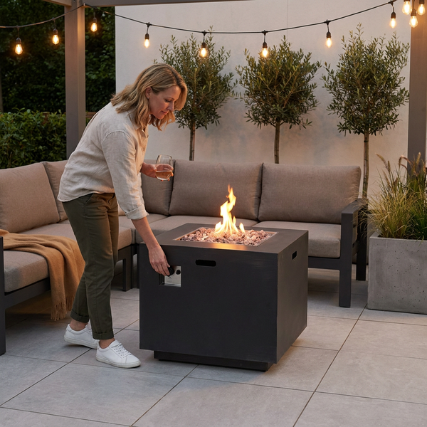 Outdoor Propane Fire Pit Built for Patio Warmth, 50,000 BTU Iron Construction, Square Design, Built-in Tank