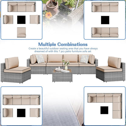 7 Piece Outdoor Patio Furniture Set,Silver PE Rattan Wicker Sectional Sofa, All Weather Conversation Set with Washable Cushions & Glass Coffee Table for Backyard Poolside Garden Porch,Khaki