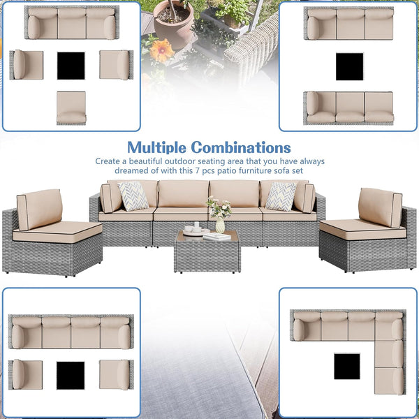 7 Piece Outdoor Patio Furniture Set,Silver PE Rattan Wicker Sectional Sofa, All Weather Conversation Set with Washable Cushions & Glass Coffee Table for Backyard Poolside Garden Porch,Khaki