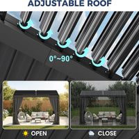 10' X 12' Louvered Pergola, Aluminum Outdoor Pergola with Curtains & Netting, Adjustable Louvered Roof & Integrated Gutter System, Hardtop Patio Gazebo for Backyard, Patio, Garden, Dark Gray