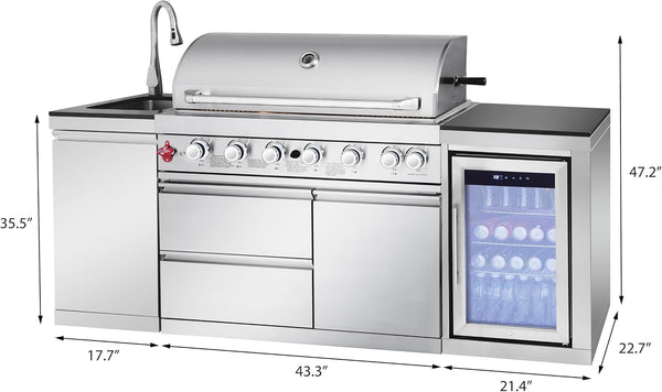 82-Inch 6-Burner Gas Grill 85,000 BTU Outdoor Kitchen Barbecue | Stainless Steel Grill Island with Sink, Storage Cabinets, and Wine Refrigerator,Backyard, Patio, Lawn, Silver