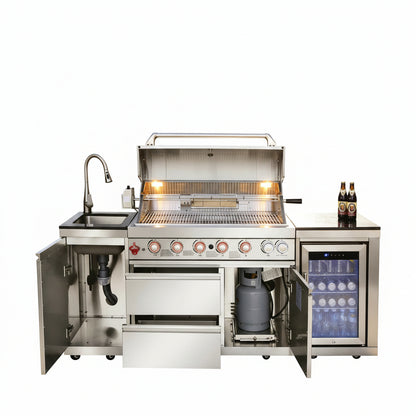 82-Inch 6-Burner Gas Grill 85,000 BTU Outdoor Kitchen Barbecue | Stainless Steel Grill Island with Sink, Storage Cabinets, and Wine Refrigerator,Backyard, Patio, Lawn, Silver