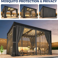 10' X 12' Louvered Pergola, Aluminum Outdoor Pergola with Curtains & Netting, Adjustable Louvered Roof & Integrated Gutter System, Hardtop Patio Gazebo for Backyard, Patio, Garden, Dark Gray