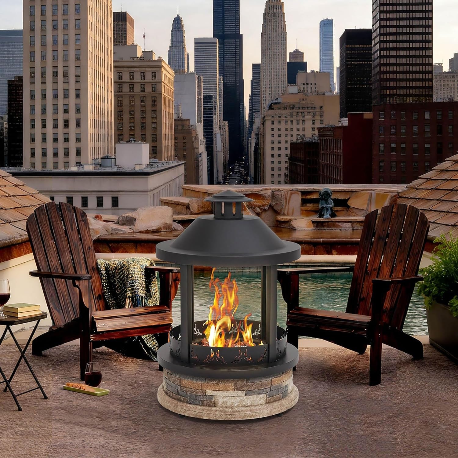 28-Inch Outdoor Propane Fire Pit, 65,000 BTU Lantern Top Patio Gas Fire Pit, Gazabo Gas Fireplace with Faux Stone Base, Lava Rocks, Cover & Pre-Attached 10Ft Propane Hose